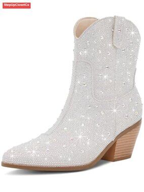 Rhinestone Cowboy Ankle Boots Faux Leather Western Booties